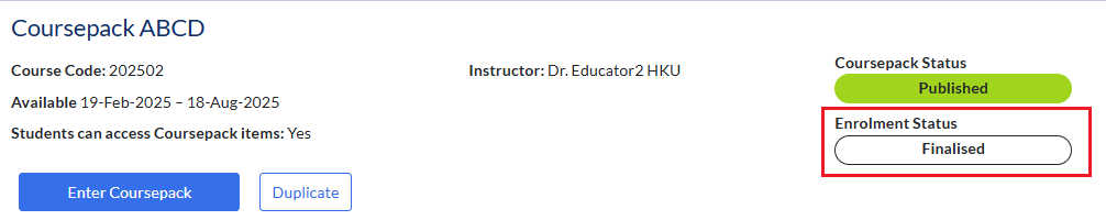 my coursepack page shows finalized enrollment